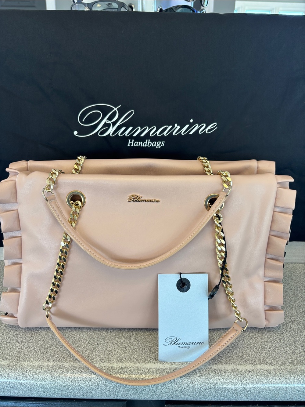 Blumarine Nude and Black Shoulder Bag with Gold Chain Trim